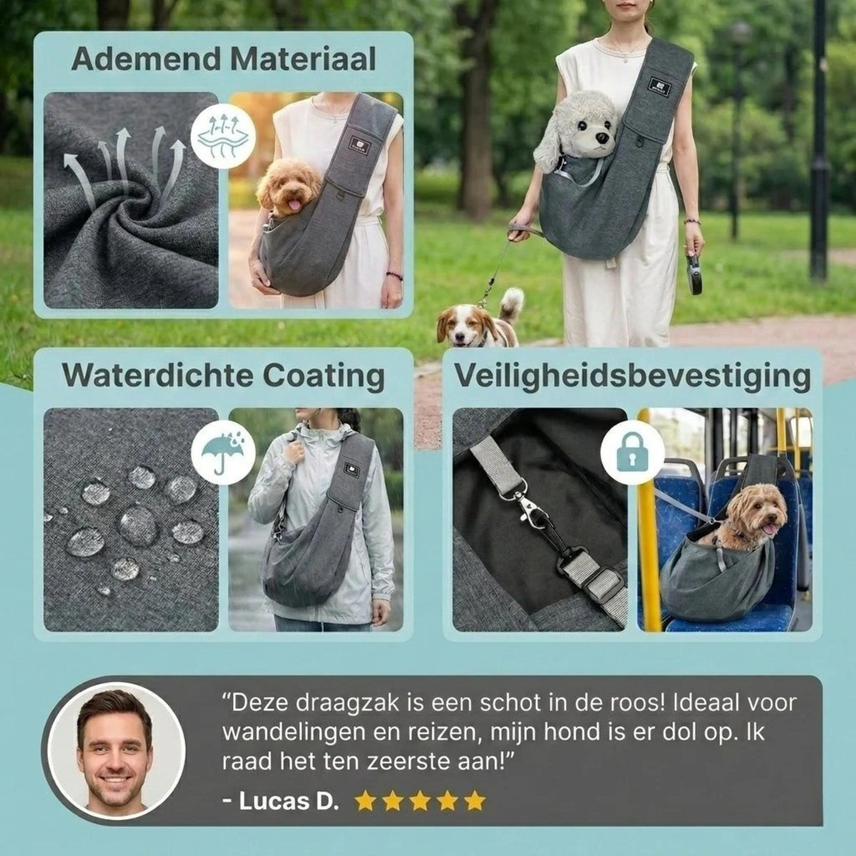 PupPack in gebruik met uitleg over het ademende materiaal, de waterdichte coating en de veiligheidsbevestiging