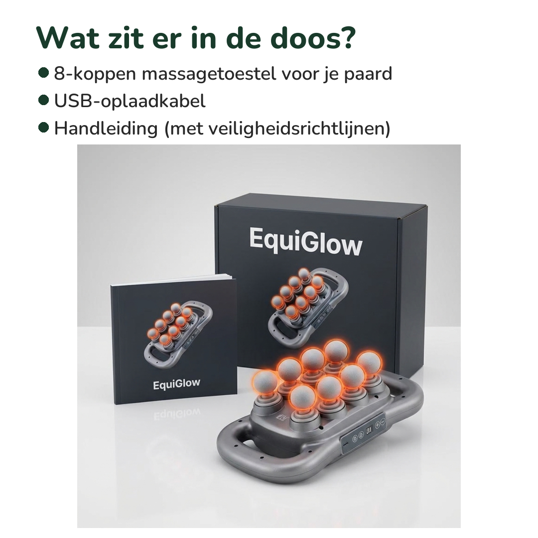 Wat zit er in de doos: EquiGlow toestel, USB-oplaadkabel en handleiding
