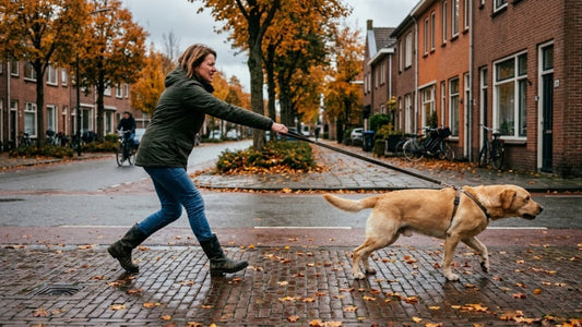 Vrouw wordt meegetrokken door labrador aan de riem op een Nederlandse straat