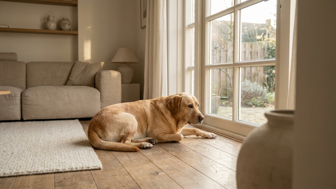 Onrustige hond ligt alleen bij het raam thuis