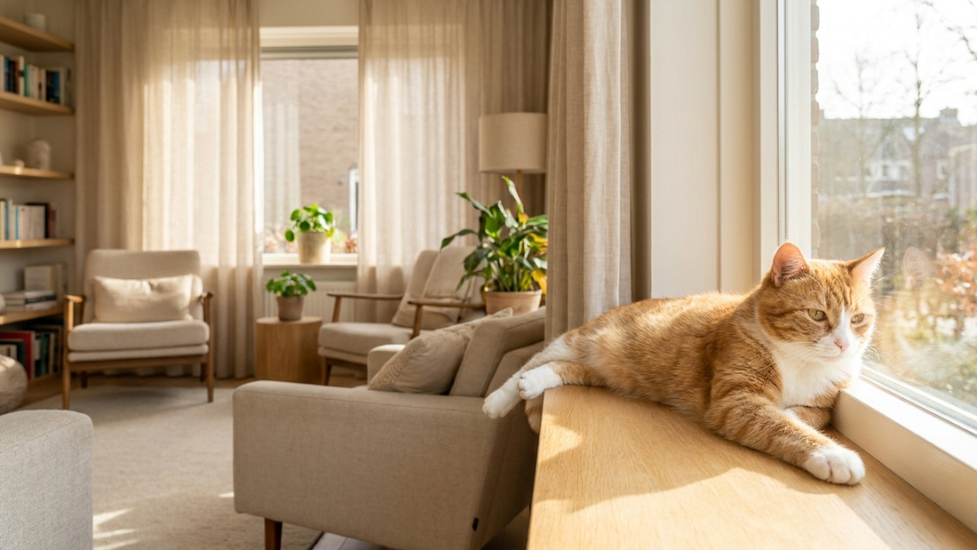 Verveelde kat ligt op de vensterbank naar buiten te staren