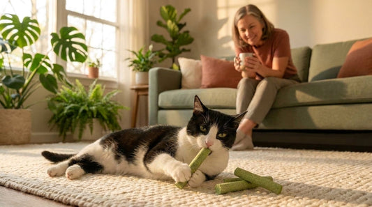 Kat kauwt ontspannen op een PurrGraze kattengras kauwstick terwijl haar baasje toekijkt