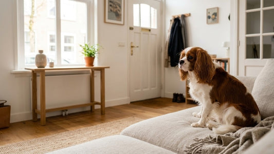 Cavalier King Charles Spaniël zit alleen op de bank en kijkt richting de voordeur