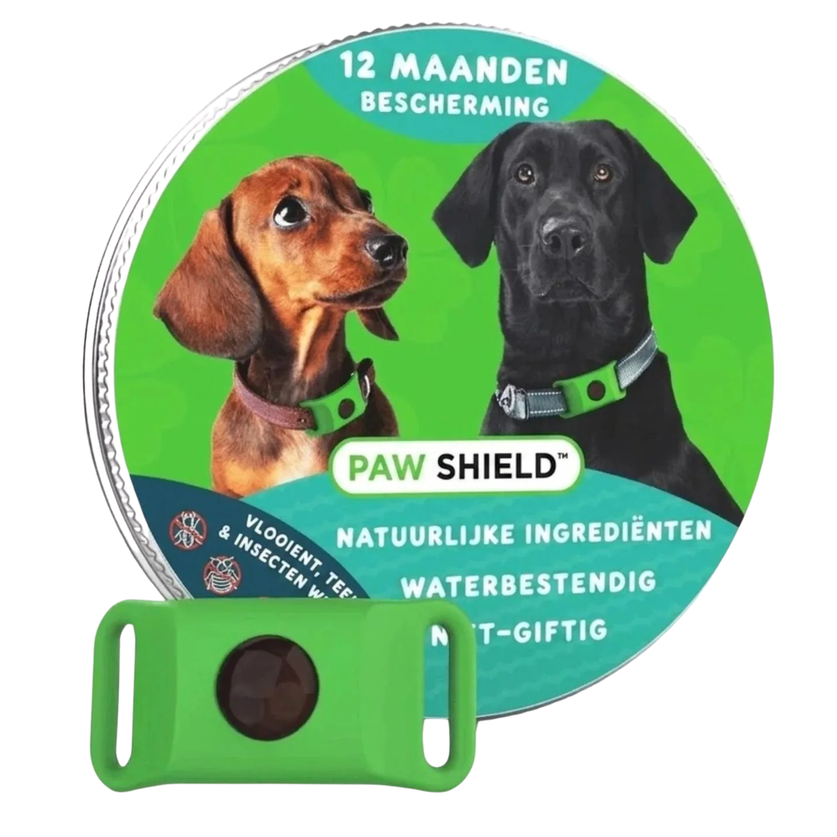 Groene PawShield penning naast de verpakking met 12 maanden bescherming