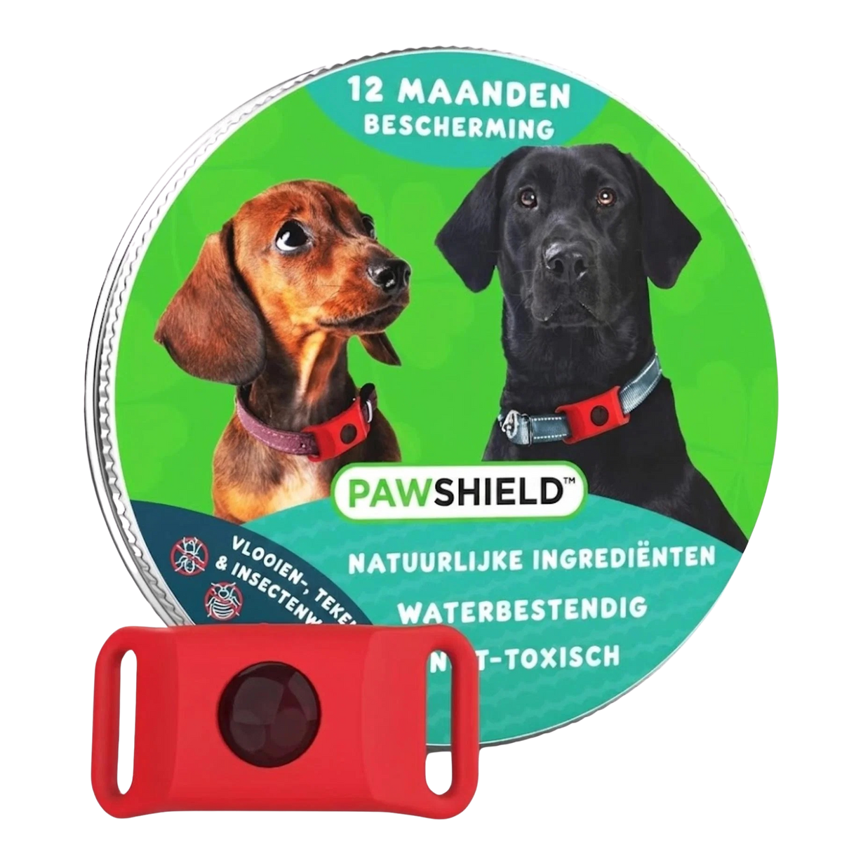 Rode PawShield penning naast de verpakking met 12 maanden bescherming