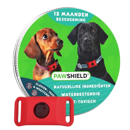 Rode PawShield penning naast de verpakking met 12 maanden bescherming