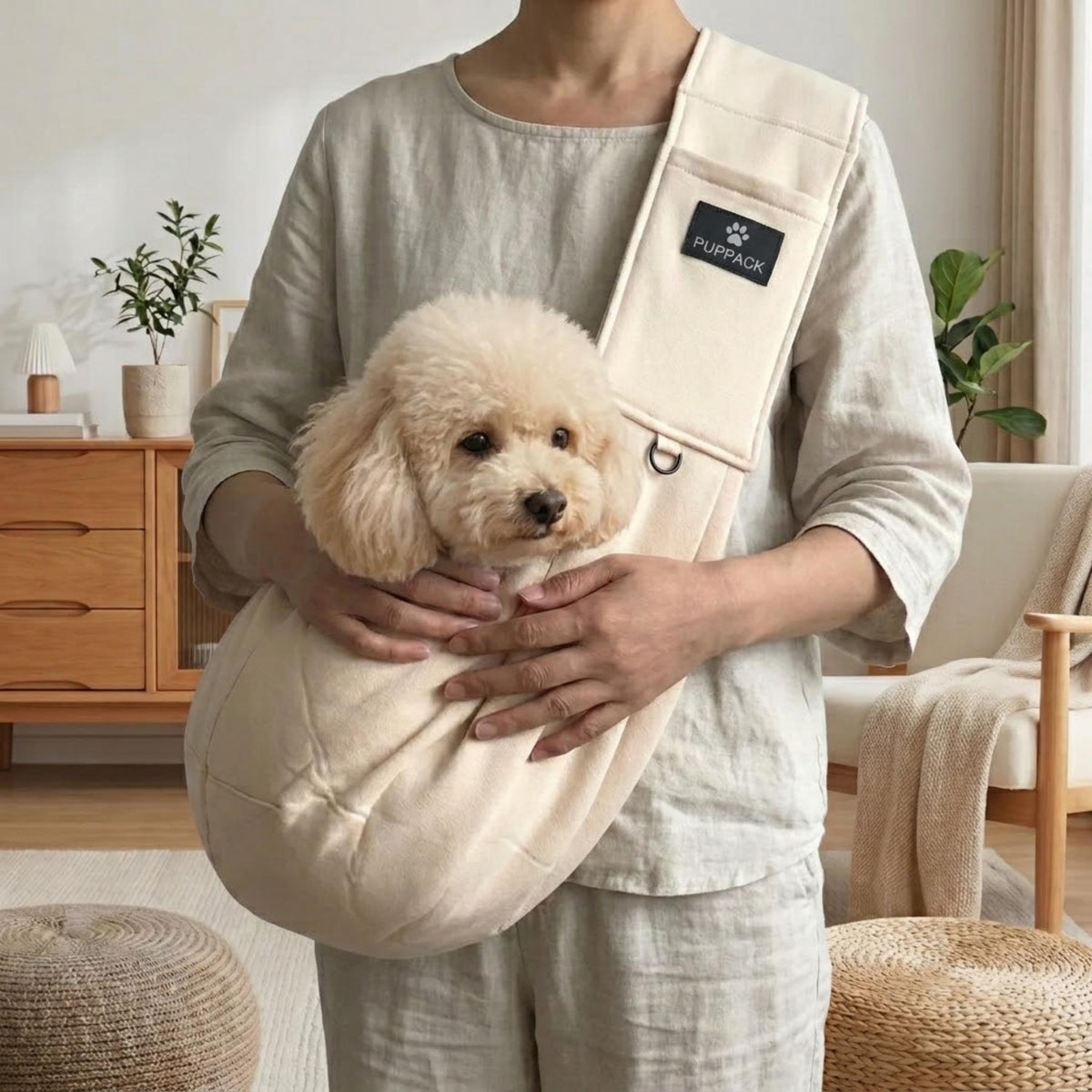 PupPack draagtas in beige met een poedel erin, binnenshuis gedragen
