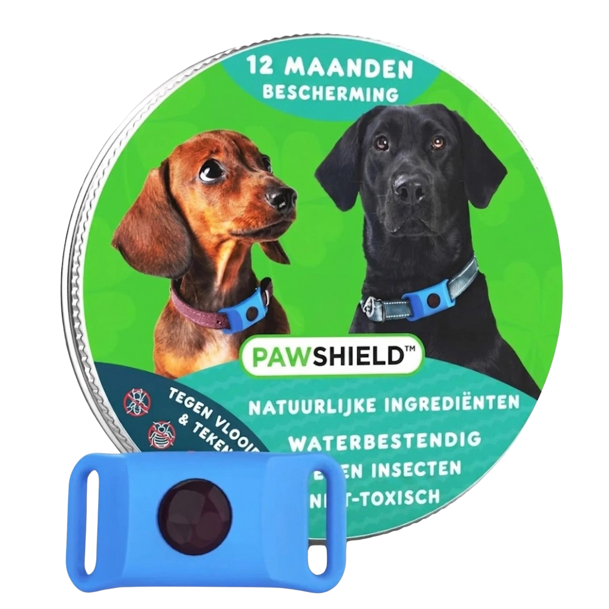 Blauwe PawShield penning naast de verpakking met 12 maanden bescherming