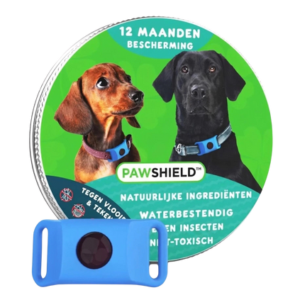 Blauwe PawShield penning naast de verpakking met 12 maanden bescherming