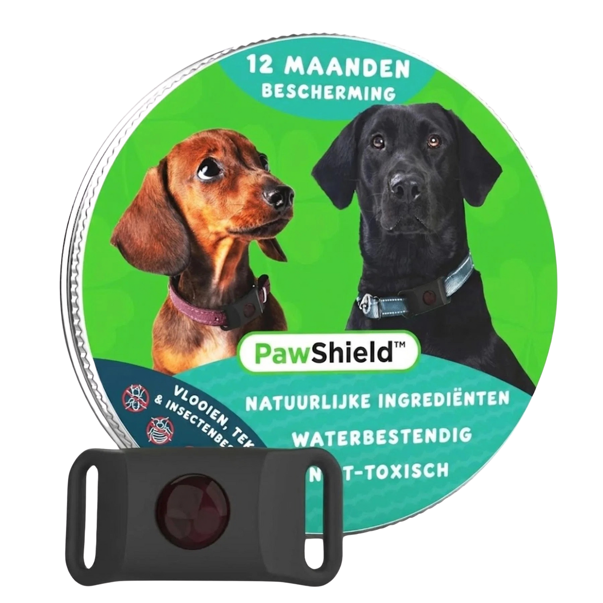 Zwarte PawShield penning naast de verpakking met 12 maanden bescherming