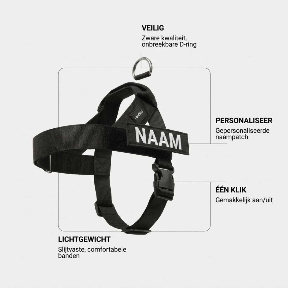 Overzicht van het hondentuig: zware D ring, naampatch, klikgesp en lichte banden