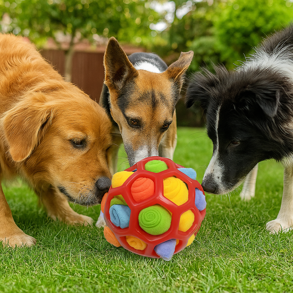 Hond snuffelt aan SniffiBall