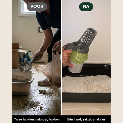 ScoopEase all-in-one kattenbakschep: zeef, opvangbeker, gebogen handvat en groene zakjesrollen