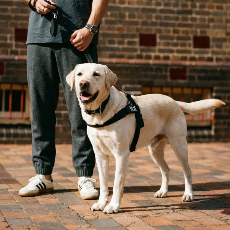 Labrador loopt rustig naast zijn baasje met het anti trek hondentuig om