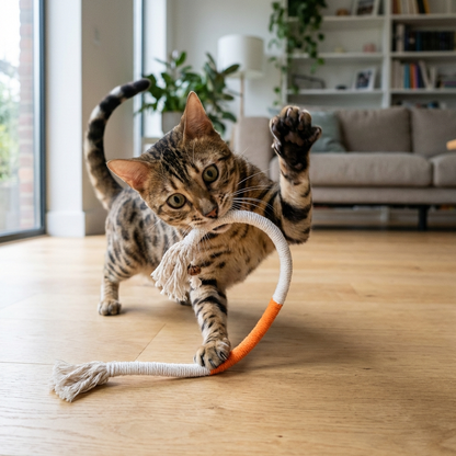 Kat kauwt op CalmChew touw
