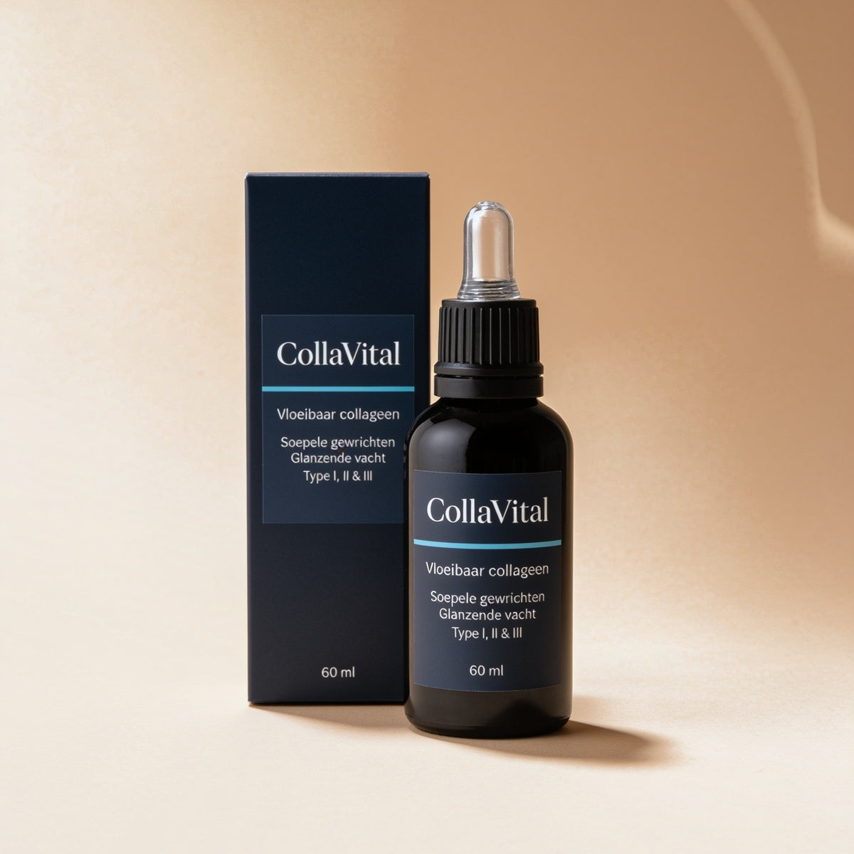 Flesje CollaVital vloeibaar collageen van 60 ml met pipet naast de verpakking