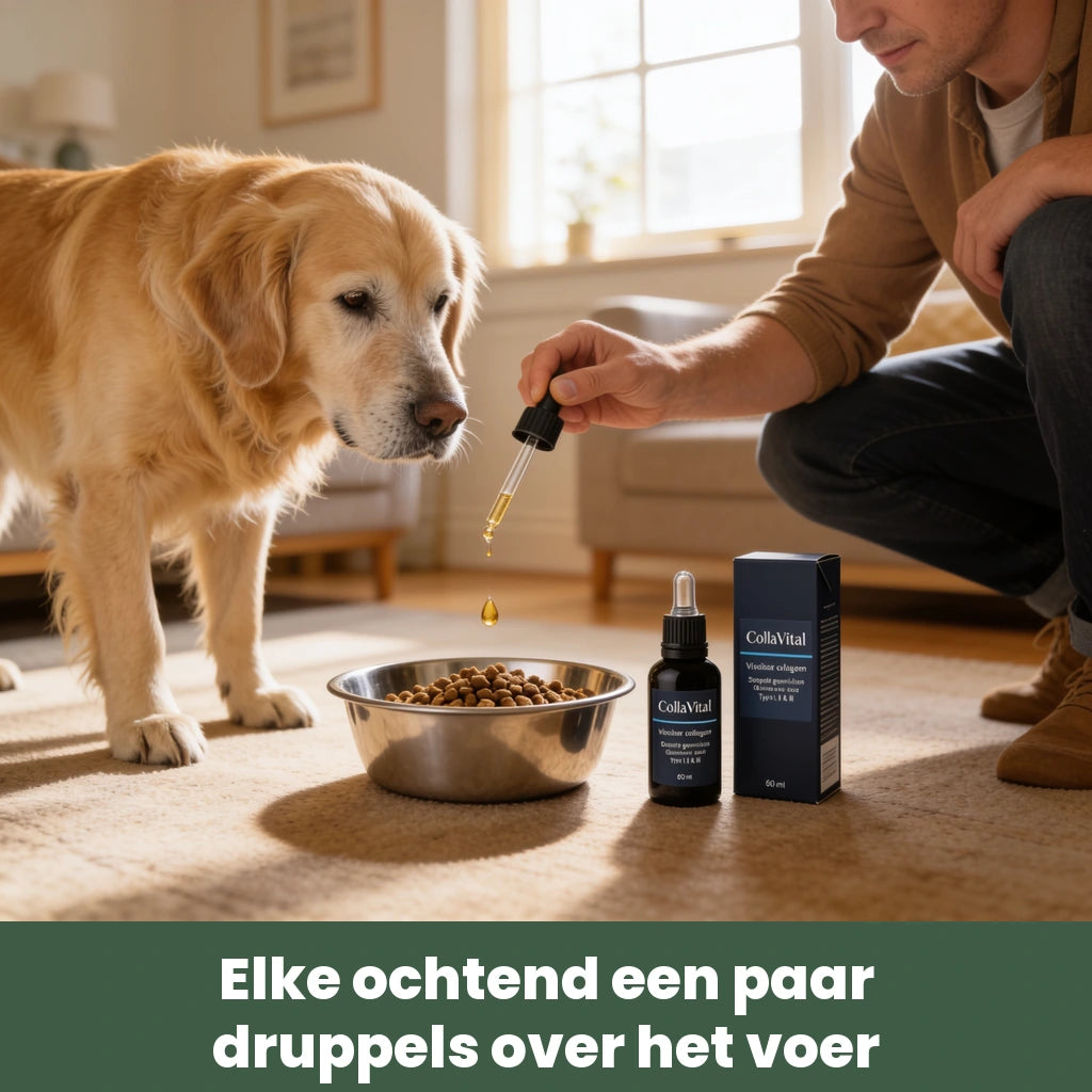 Baasje druppelt CollaVital over de brokken in de voerbak van een oudere golden retriever