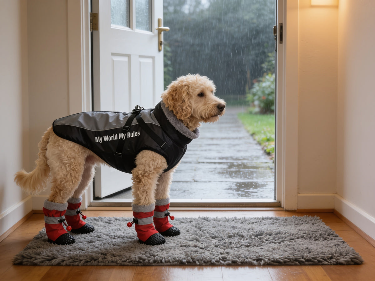 Hond met DryPaws, RainShell en PawDry bij de voordeur in de regen