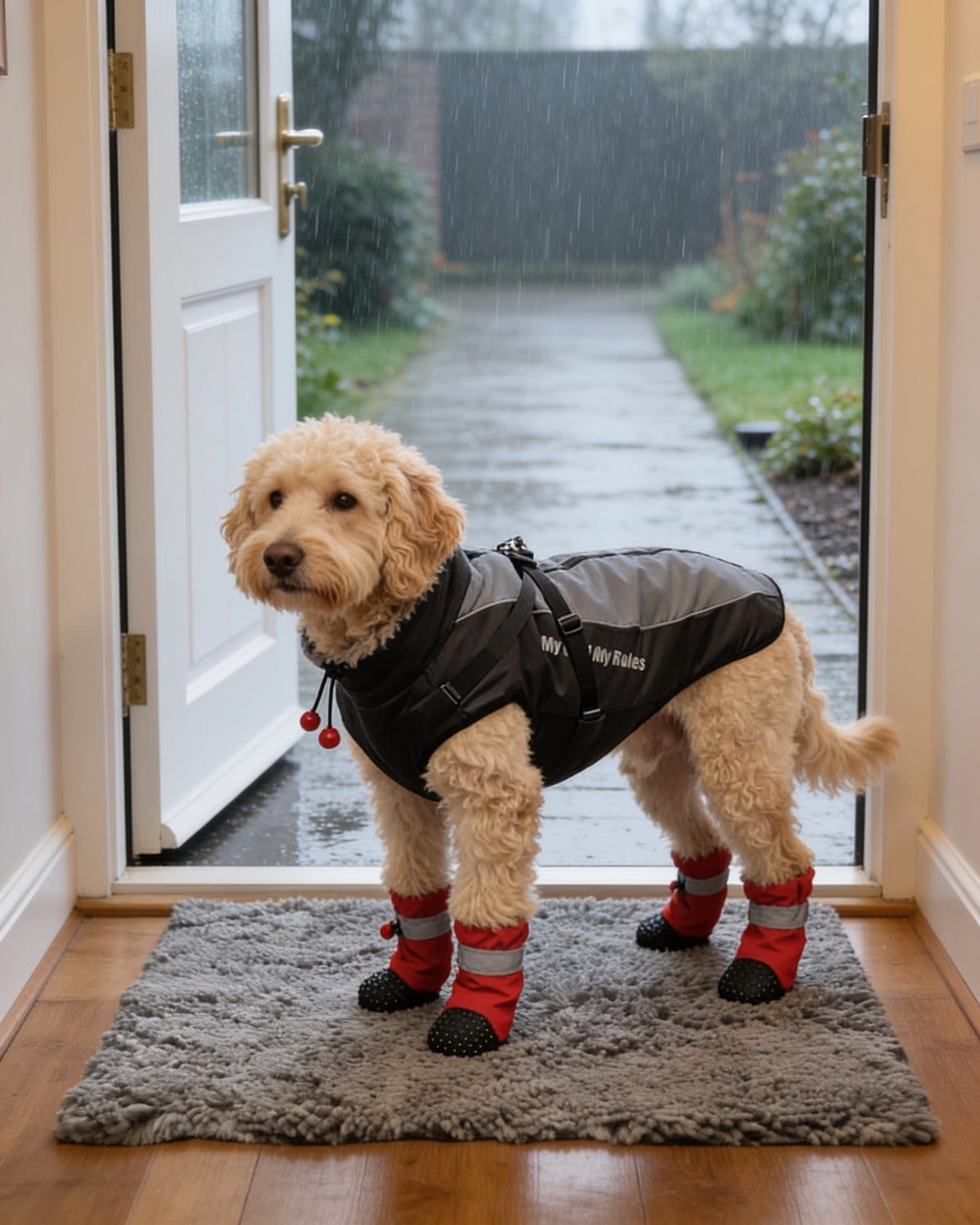 Hond met DryPaws, RainShell en PawDry bij de voordeur in de regen