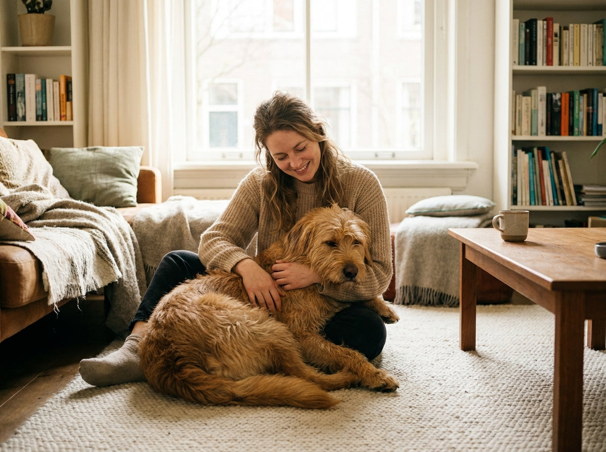 Vrouw knuffelt tevreden met haar hond in de woonkamer
