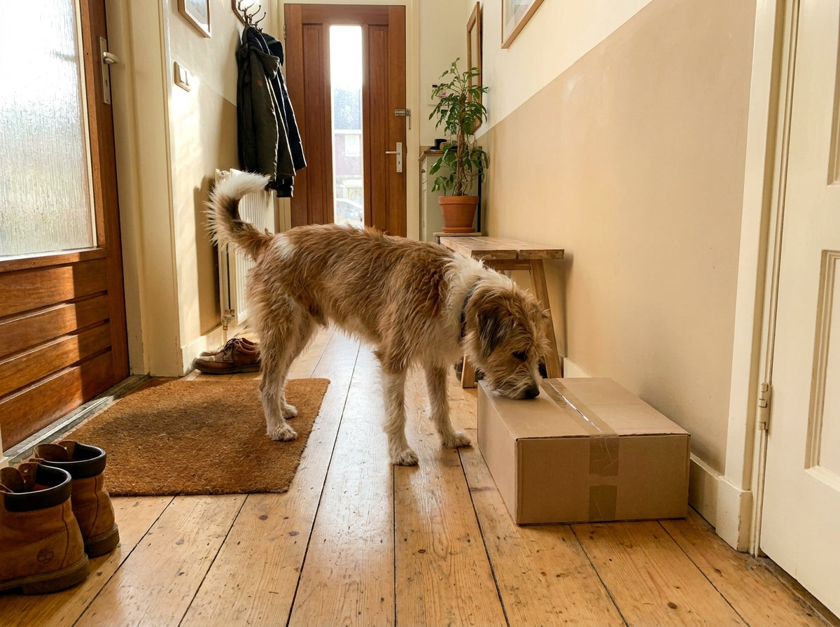 Hond snuffelt aan een bezorgd pakket in de hal