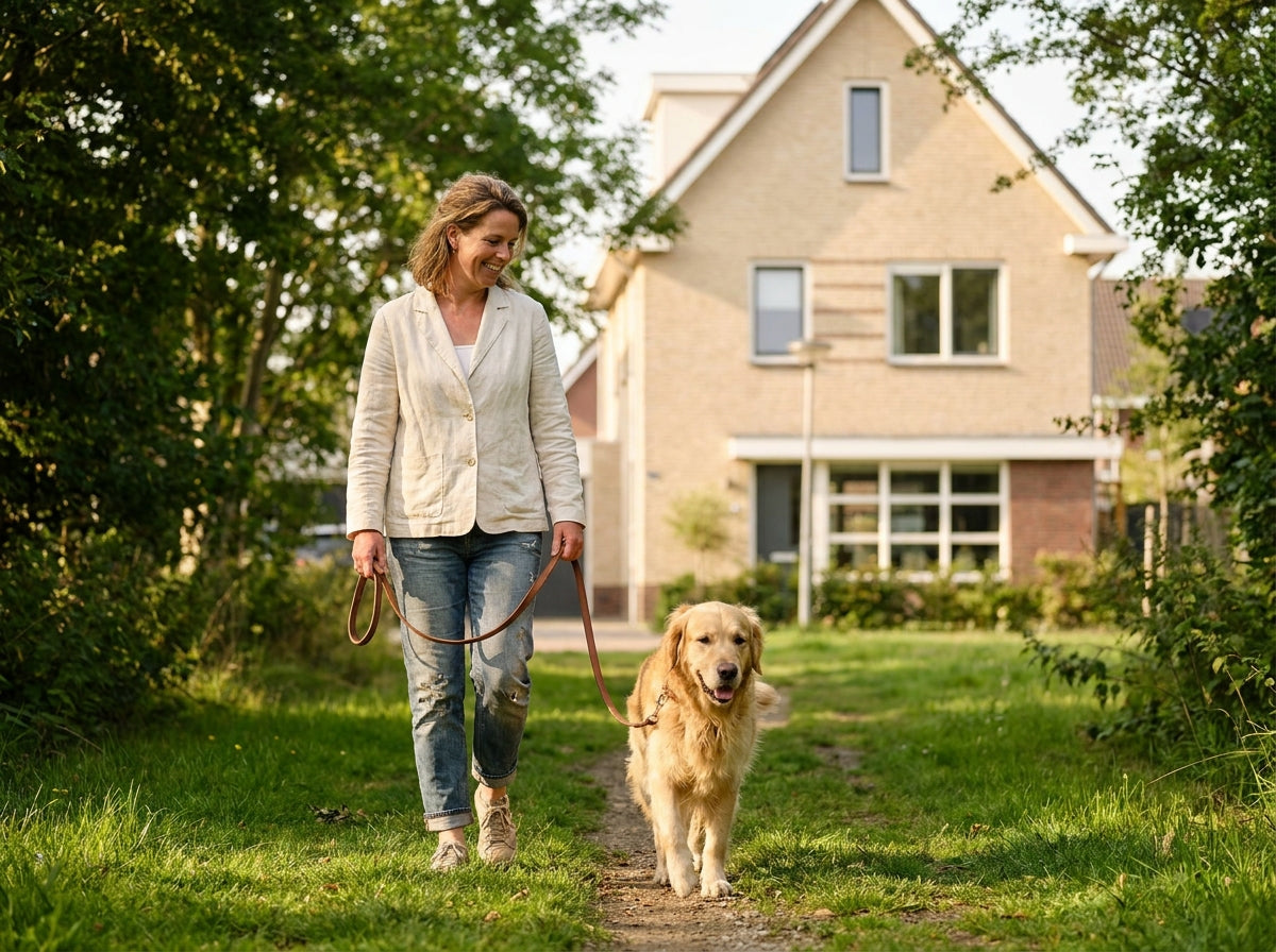Vrouw wandelt ontspannen met haar blije golden retriever