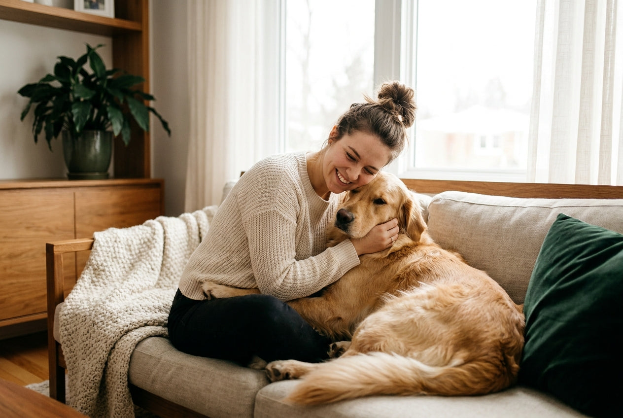 Baasje knuffelt thuis met haar golden retriever