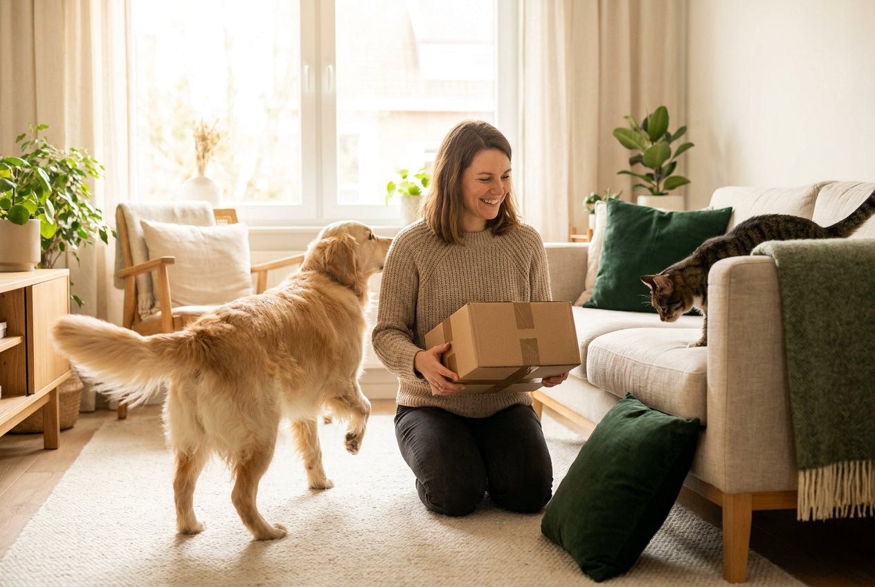 Blije baasje pakt een bezorgd pakket uit met hond en kat