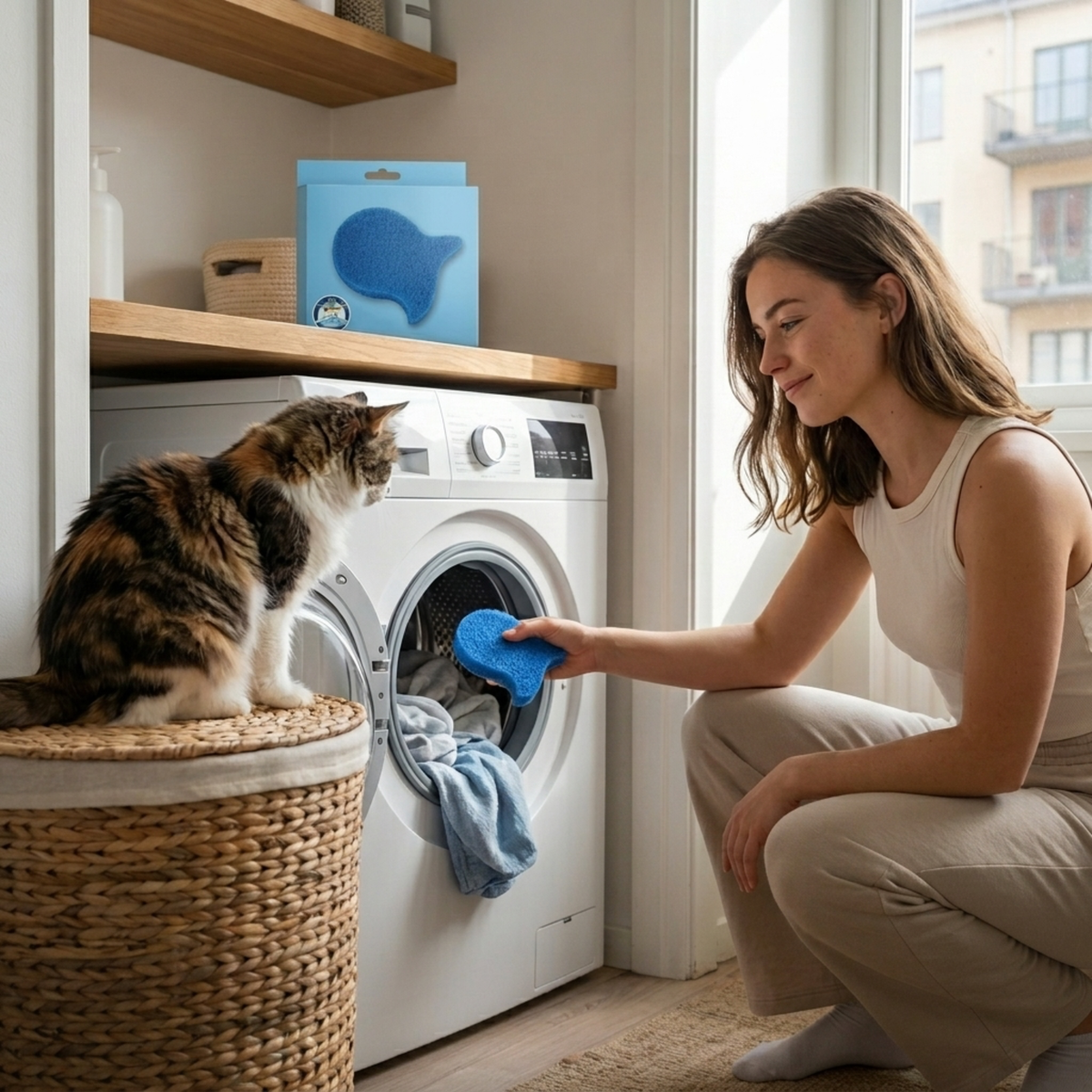 Vrouw stopt FurCatch sponsje in de wasmachine terwijl haar kat toekijkt