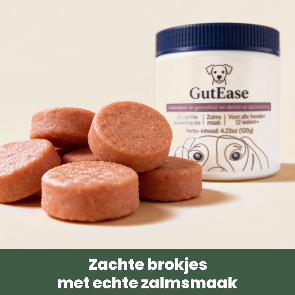 Close-up van de zachte GutEase brokjes met zalmsmaak