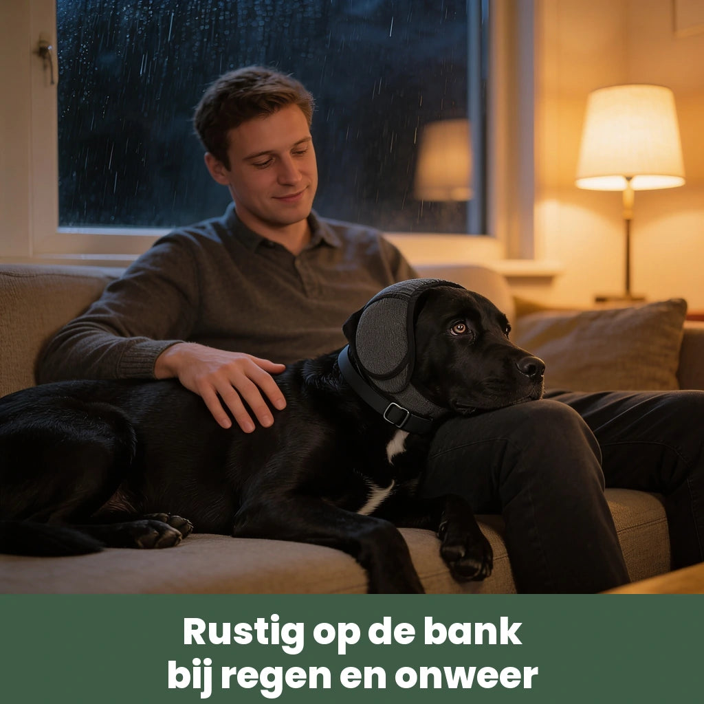 Labrador met oorbescherming rustig naast zijn baasje op de bank terwijl het buiten regent