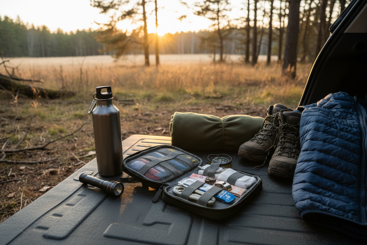“Horizontale afbeelding van een compacte survival-/EHBO-set netjes uitgeklapt op de grond van een auto-kofferbak of rugzak, met naastliggende waterfles, zaklamp en comfortabele outdoor-uitrusting. Natuurlijke buitenomgeving (bos/veld), zacht licht bij schemering, realistisch & betrouwbaar — benadrukt voorbereiding, veiligheid en rust voor onderweg of vakantie.”
