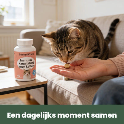 Kat snuffelt aan een ImmuniChew kauwtablet in de hand van zijn baasje