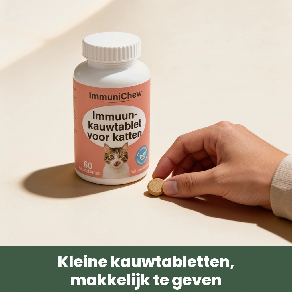 Eén klein ImmuniChew kauwtablet tussen duim en wijsvinger naast de pot