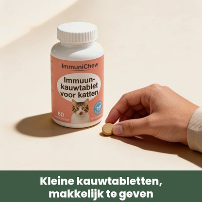 Eén klein ImmuniChew kauwtablet tussen duim en wijsvinger naast de pot