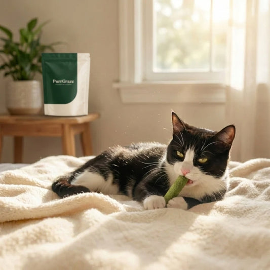 Kat geniet van PurrGraze kattengras kauwstick op een zachte deken