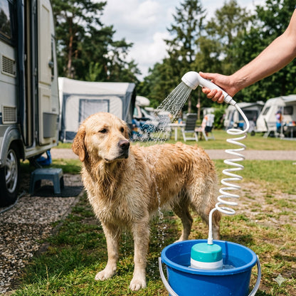 Hond afgespoeld met ShowerGo op de camping