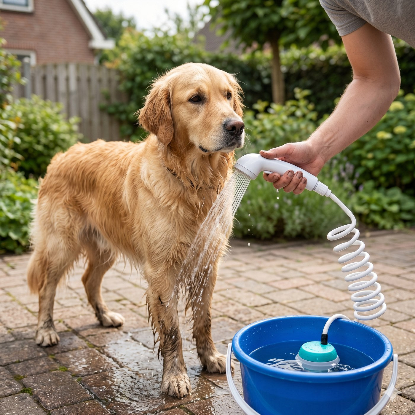 Hond wordt afgespoeld met ShowerGo in de tuin