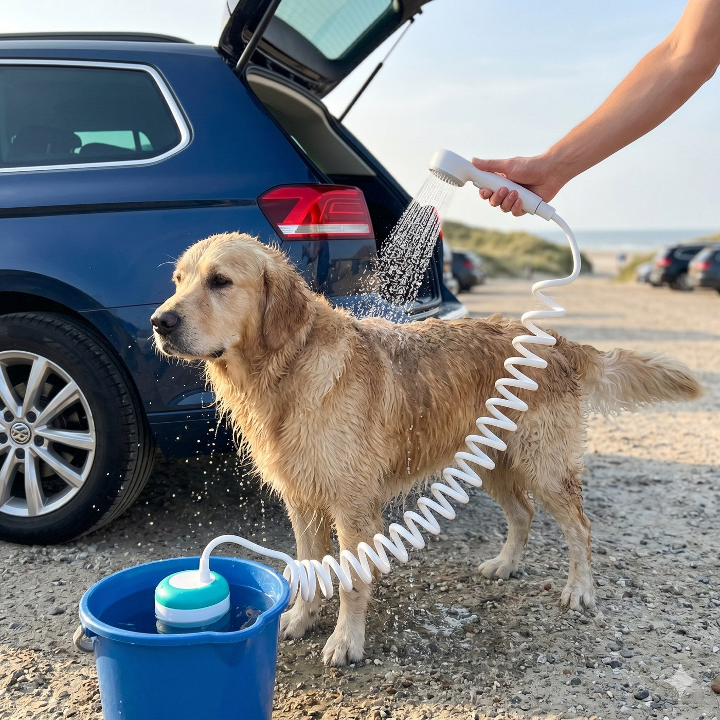 Hond afgespoeld met ShowerGo bij de auto na het strand