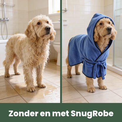 Dezelfde hond kletsnat en daarna droog in de SnugRobe