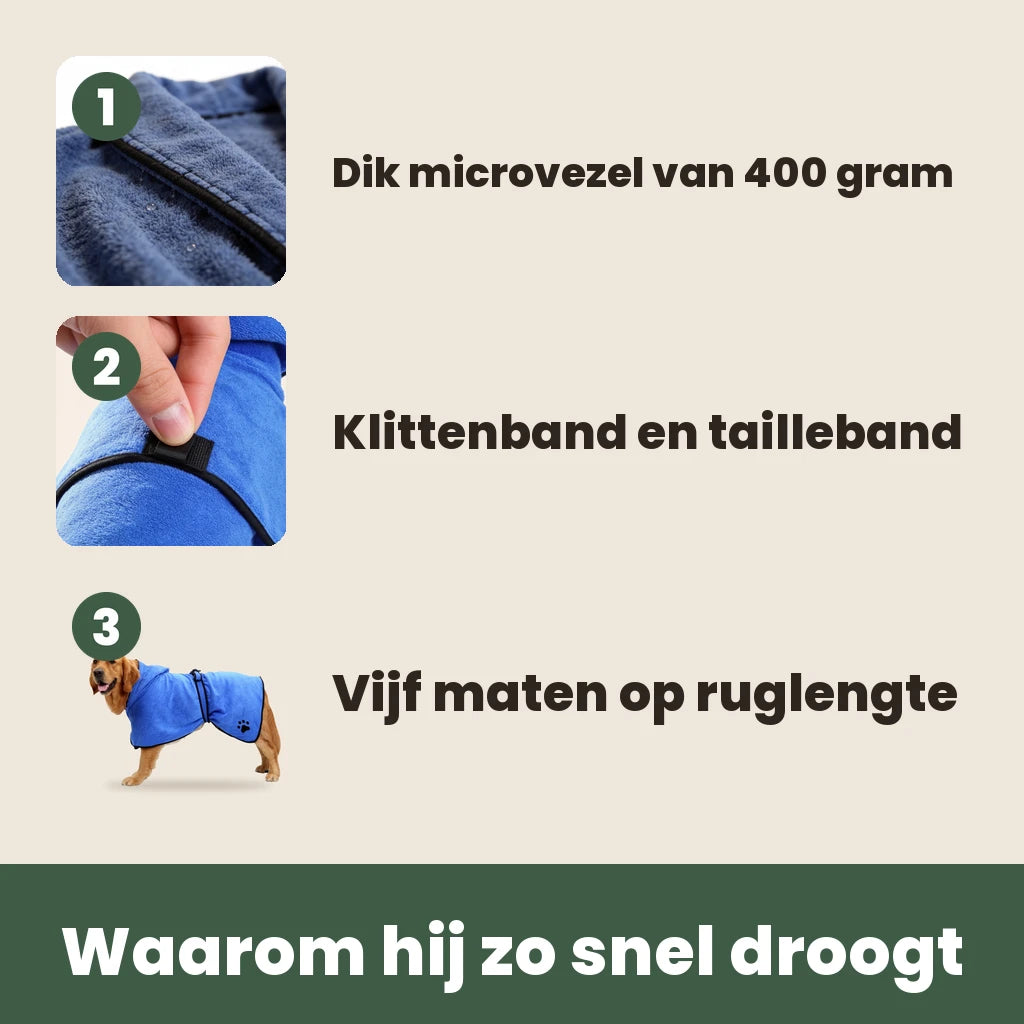 Drie kenmerken van de SnugRobe: dik microvezel, klittenband met tailleband en vijf maten