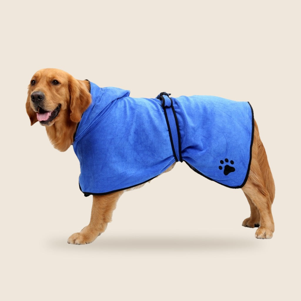 Golden retriever in de blauwe SnugRobe hondenbadjas met capuchon en taillebandje