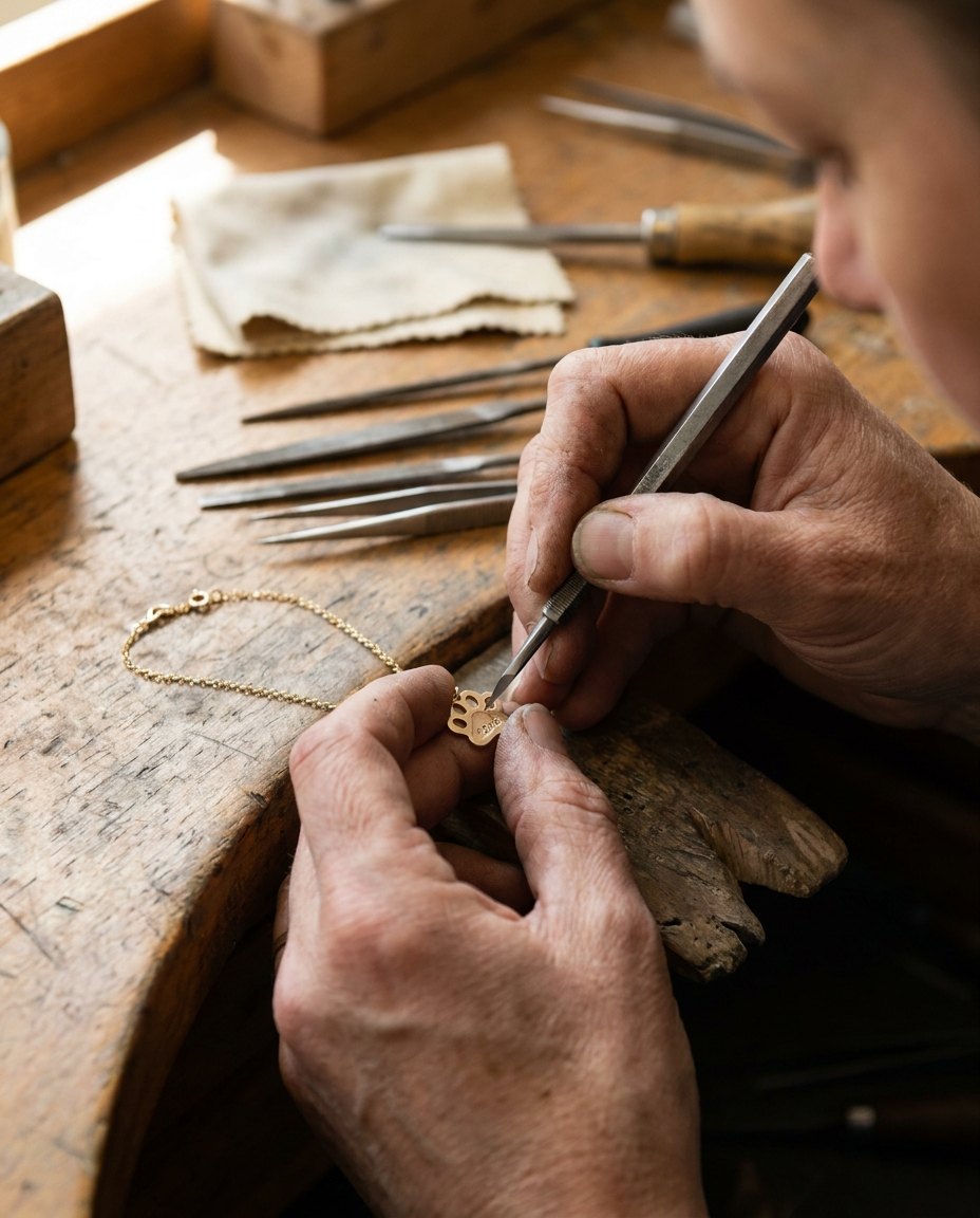 Vakman graveert met de hand een PawBond pootjesarmband